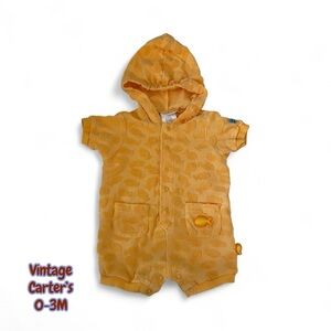 Vintage Y2K Carter's Baby Yellow Orange Terrycloth Hooded Romper 0-3M Fish Patch